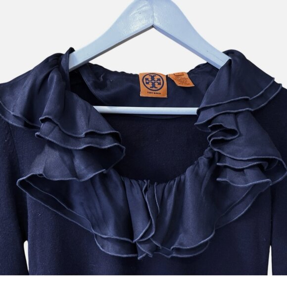 Tory Burch Navy Blue Wool Silk Trim Ruffle Sweater Women's size S - Picture 3 of 5